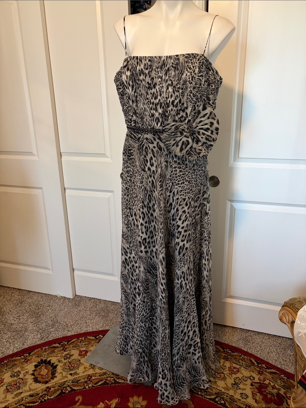 Rickie Freeman for Teri Jon Gray Leopard-Print Spaghetti Strap Silk Maxi Dress